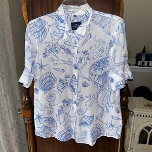 Escales Paris XXL white cotton button up blouse blue marine life print